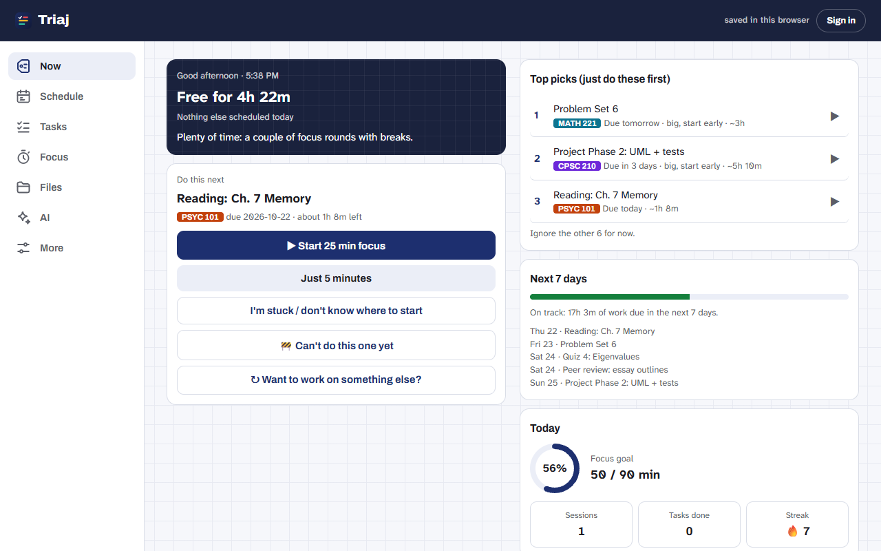 Triaj on a laptop: today's free time, the task to do next, and the top three picks